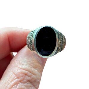 Estate Onyx Sterling Silver Ring Cabochon Unisex Boho 925 Oval Chunky Vintage